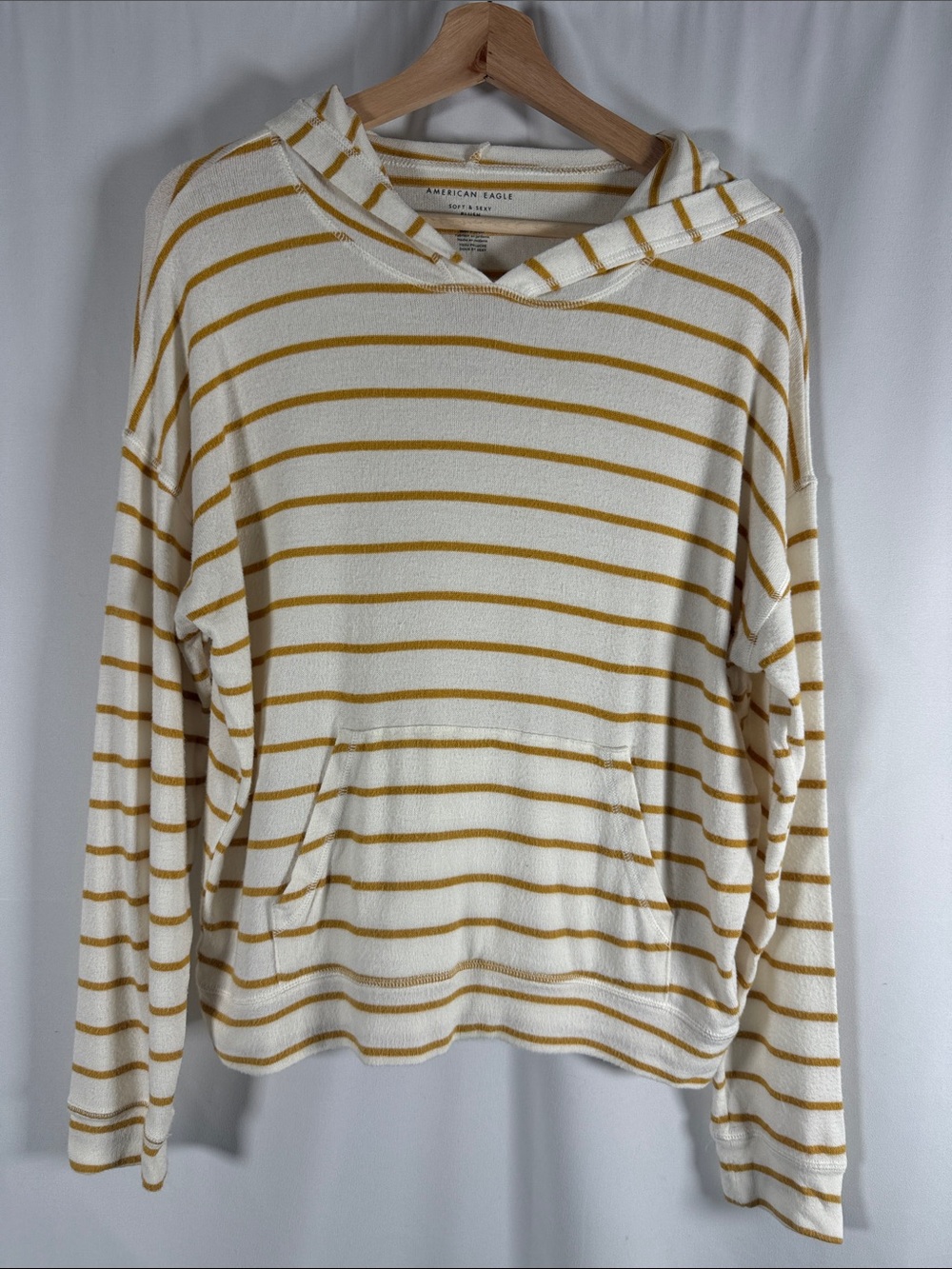 American Eagle Outfitters Cream and Mustard Striped Hooded Pullover